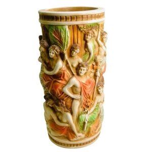 Vintage Chalkware Vase Roman Bath Garden or Bacchanalian Festival 11" x 4.5"